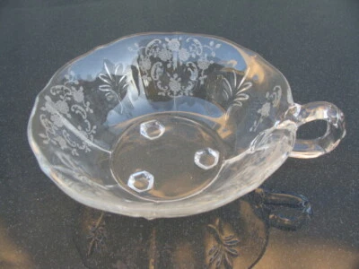 Fostoria Clear Meadow Rose Etched #328 Baroque One Handled Nappy Cup Bowl Dish - Image 1 of 4