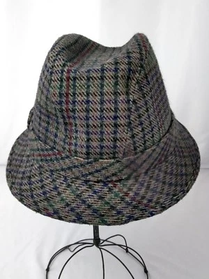 Vtg Mens Womens Hat Tweed Fedora Trilby Winter Plaid Gray Blue Red Medium Large - Image 1 of 4