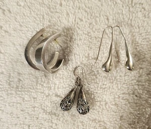 Vintage Three Pair Sterling Silver Earrings Hoop, Teardrop, Filigree Dangle - Picture 1 of 11