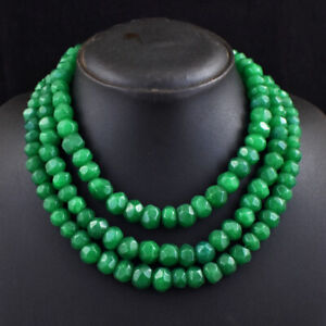 986 Cts Earth Mined 3 Strand Green Emerald Faceted Beads Necklace JK 18E338