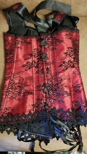 Black & Red Boned Bustier Lace-up Corset Top, Burlesque Waist Cincher Small - Picture 1 of 4