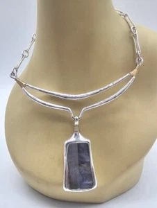 RLM SOHO Statement Necklace Silvertone Large Pendant Asymmetrical 2 Tone - Picture 1 of 8