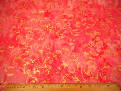 Batik Fabric 3/4+ Yard Metallic Gold Floral on Pink Premium Cotton #43  - Image 1 of 2
