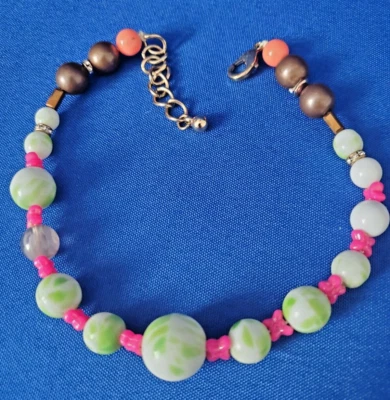 Pet jewelry Cat & Dog beaded collar necklace Pink, white green Lucite beads 10" - Image 1 of 4