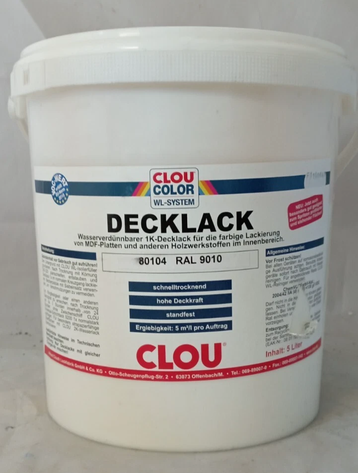 Clou Color Decklack 1-K Weißlack 5 Liter RAL 9010 Weiß WB Buntlack MDF (S154) - Bild 1 von 1