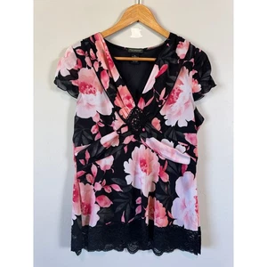 Tolles Northwest Y2K geblümtes Babydoll Oberteil Damen Gr. XL schwarz rosa Spitze 90er 00er - Bild 1 von 9