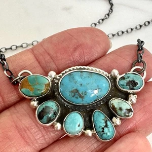 Mixed Turquoise Navajo Cluster Necklace 20" Signed Geraldine James Sterling - Picture 1 of 6