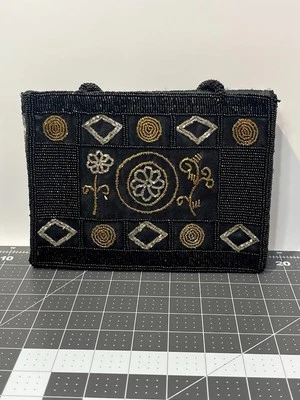 Sasha Beaded Black Evening Bag Flower Aztec Design w/ Beaded Straps Southwestern - Image 1 of 4