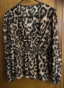 Long Sleeve Smocked Waist Leopard Animal Print  Long Sleeve Top Blouse  Size XL - Picture 1 of 4