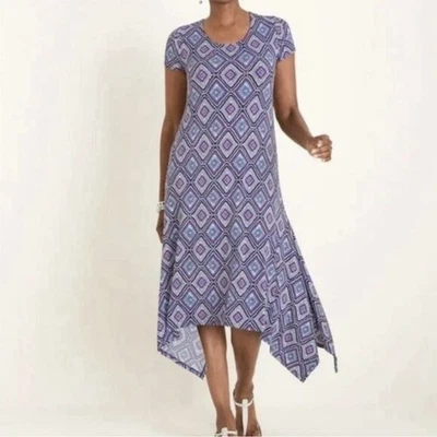 Vestido midi elástico manga corta asimétrico Chico's talla 3 ojo de cerradura geométrico Foto 1 de 4