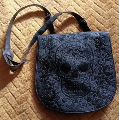 NEW - LOUNGEFLY Black on Black Embossed Skull Crossbody Bag - Vegan Leather!! - Image 1 of 4