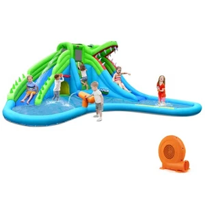 Crocodile Inflatable Water Park Dual Slides Climbing Wall w/750W Blower - Picture 1 of 8