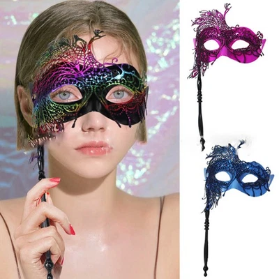 Masquerade Mask with Stick Venetian Mask Decorations Womens Costume Mask - Image 1 of 4
