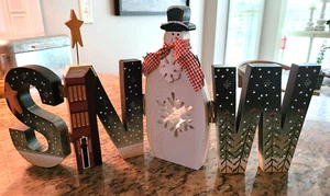 Vintage - Crazy Mountain Design - Folding Wooden Snowman - SNOW - w/Votive Cup - Picture 1 of 7