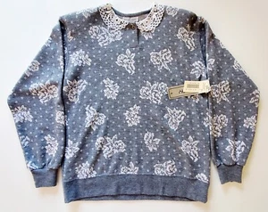 ECCOBAY grauer Damenpullover mit Blumen und Spitzenkragen neu mit Etikett Vintage 90er Sears Größe S - Bild 1 von 8