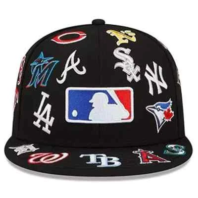 NEW 2024 MLB Teams Patch Logos All-Over Black 59FlFTY Fitted Cap-5950 Hat