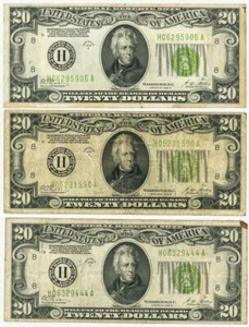 FR #2052H $20 1928B (3) Federal Reserve Notes St Louis Gold Clause DC-6327 - Picture 1 of 2