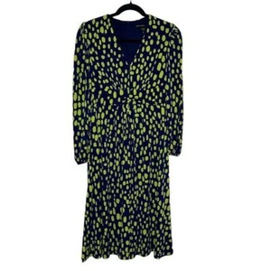 Maggy London Polka Dot V-Neck Long Sleeve Dress Size 2 Navy Blue Lime Green NEW - Picture 1 of 10