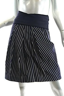 GUNEX Navy White Cotton Blend Stripe Drop Pleat Knit Waistband Skirt US4 F36 I40 - Image 1 of 4
