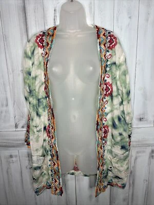 WOMENS JOHNNY WAS COLORFUL EMBROIDERED OPEN FRONT TIE DYE KIMONO CARDIGAN SMALL - Image 1 of 4