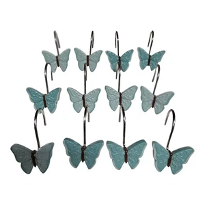 Teal Butterfly Bath Shower Curtain Hooks Bathroom Decor - 12 Curtain Hooks - Picture 1 of 3