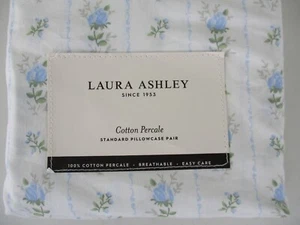 New Laura Ashley Sweet Buds Blue Ticking Stripe Pair Standard Cotton Pillowcases - Picture 1 of 6