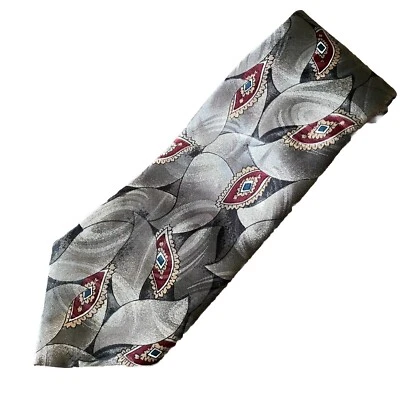 John Weitz Men's Gray Burgundy Geometric Satin NeckTie 56" x 3.75" Made In USA - Image 1 of 4