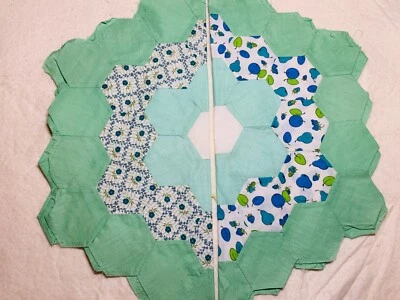 Antique Cotton Fabric 1930s Grandma's Garden 2 Quilt Blocks Hand Pc'd 16.5" - Image 1 of 3