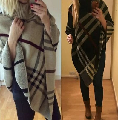 Ladies High Neck PONCHO TARTAN CHECK Print Winter Shawl Jumper Cardigan - Image 1 of 4