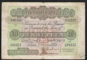 CEYLON 10 RUPEES P-25 1939 KING GEORGE VI ELEPHANT RARE MONEY SRI LANKA BANKNOTE - Picture 1 of 3