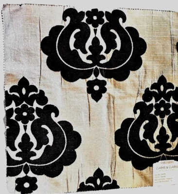 Black Velvet Metallic Silver Damask Designer Upholstery Sample Fabric 17x 18" Sq - Image 1 of 4