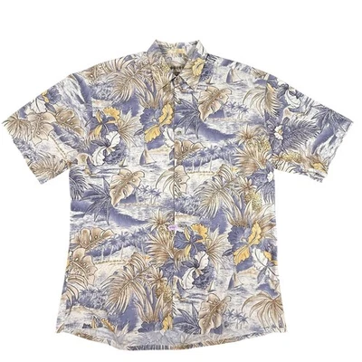 Compa Moda Hawaiian Shirt Mens Large Blue Beige Yellow Floral Tropical Cotton - Image 1 of 4