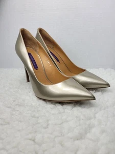 Ralph Lauren Purple Label Celia Pumps Size 8 Pointed Toe Patent Gold Leather - Picture 1 of 9
