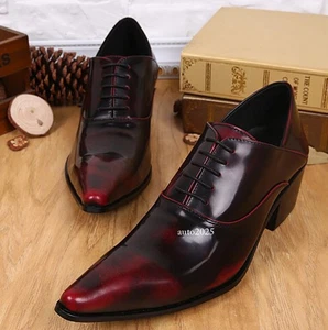Men's Leather Dress Shoes Formal Cuban Heel Lace Up Pointy Toe Korean Fashion - Picture 1 of 25
