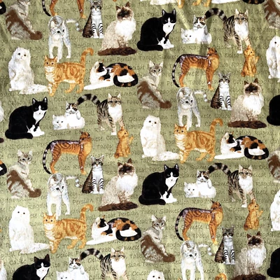 Multi-Breeds Cat Cotton Fabric Patty Reed Green Ocicat Calico Tabby Persian 5 YD - Image 1 of 4