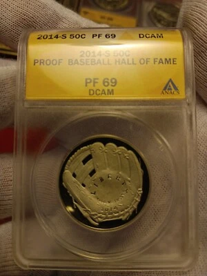2014 S BASEBALL HALL OF FAME HALF DOLLAR COMMEMORATIVE ANACS PF 69 DCAM - Image 1 of 2