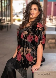 PLUS SIZE Womens BLACK FLORAL VELVET KIMONO CARDIGAN WRAP FRINGE ONE SIZE 1 2 3X - Picture 1 of 8