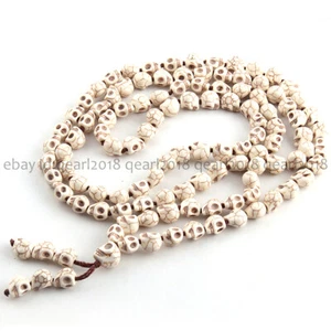 White Turquoise Carve Skull 10x12mm 108 Prayer Bead Tibet Buddhist Mala Necklace - Picture 1 of 3