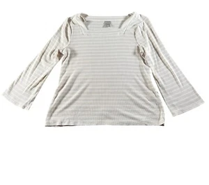 Chico's 2 Large Shirt Womens Tan White Top Ribbed Blouse Neutral Minimalist - Picture 1 of 12