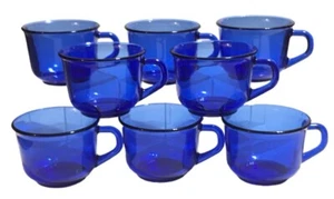 VTG Cobalt Blue Glass Coffee Set of 8 Mugs~Cup France Arcoroc 2 1/2” tall - Picture 1 of 3
