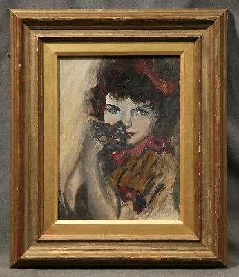 Attr. Pierre-Auguste Renoir, pintura al óleo francesa "Niña sosteniendo gato" Foto 1 de 4