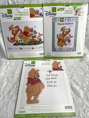 3 DISNEY POOH BEAR  JANLYNN BABY  Cross Stitch Kits WELCOME BABY/FLOWERS/"P" NEW - Image 1 of 4