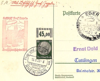 GERMANY Card ZEPPELIN Air Mail 1939 *DEUTSCHLANDFAHRT* Pictorial EGER CDS LZ304 - Image 1 of 4