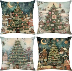 Set of 4 Christmas Pillow Covers Farmhouse Decorative Christmas Tree 18x18inch - Picture 1 of 5