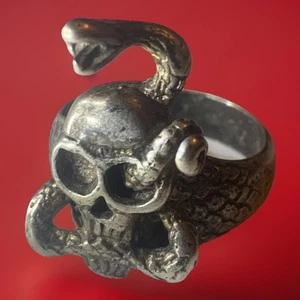 1983 Silver ? Skull and Serpent Statement Ring Sz14 / 16Grams - Picture 1 of 11