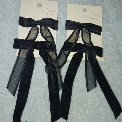 Black Satin Lace Hair Bows Clips. Hair Accessories. 2pks. 4 Bow/clips. New - Image 1 of 4