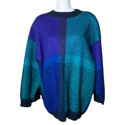 Vintage 90s Blue Purple Wool Blend Cosby Sweater L/XL Eclectic Grandpa Funky - Image 1 of 4
