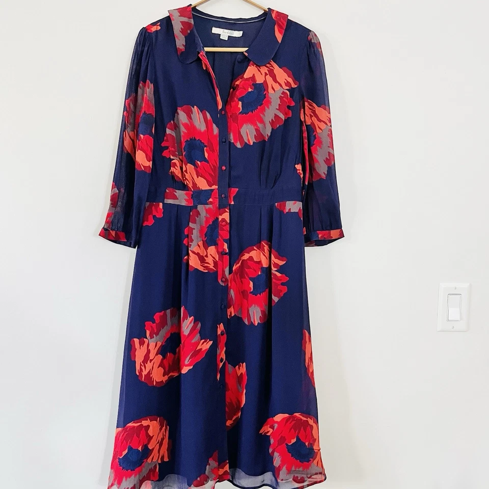 Vestido Boden Peter Pan Cuello Talla 10L Manga 3/4 Azul Marino Rojo Floral  Foto 1 de 4