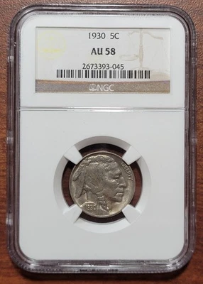 1930 Buffalo Nickel NGC AU 58 Choice AU+ nr UNC Slabbed Certified 5c Coin - Image 1 of 4