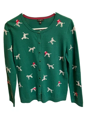 Suéter con botones TALBOTS verde dálmatas perros lazos rojos Navidad PM pequeño M Foto 1 de 4